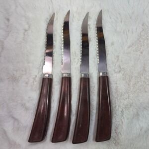 Vintage Quikut Steak Knives Set of 4 Serrated Stainless Steel Brown MCM Handles